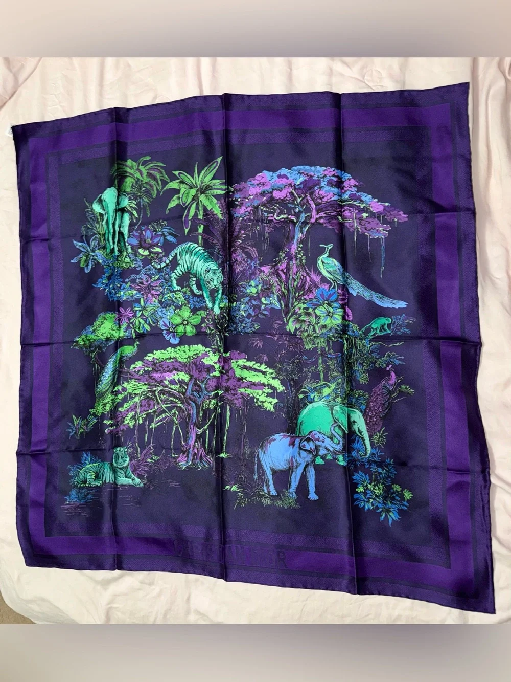 Christian Dior AUTHENTIC Toile de Jouy Voyage Jungle Animals Silk Scarf Purple